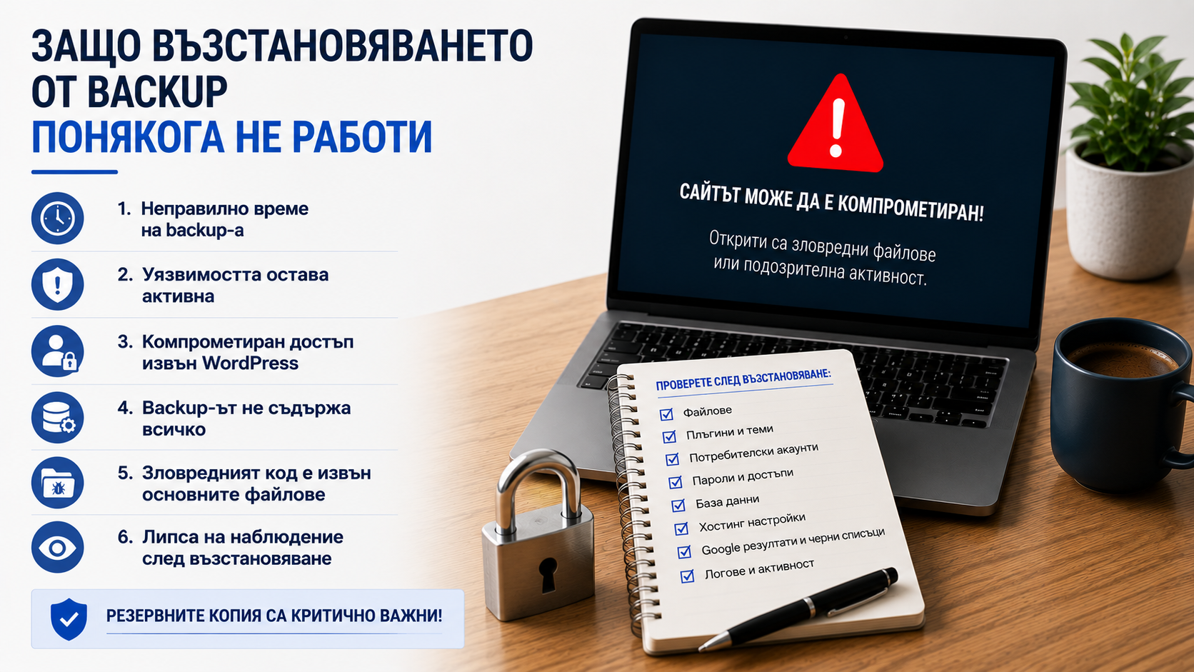 възстановяване на хакнат WordPress сайт от backup